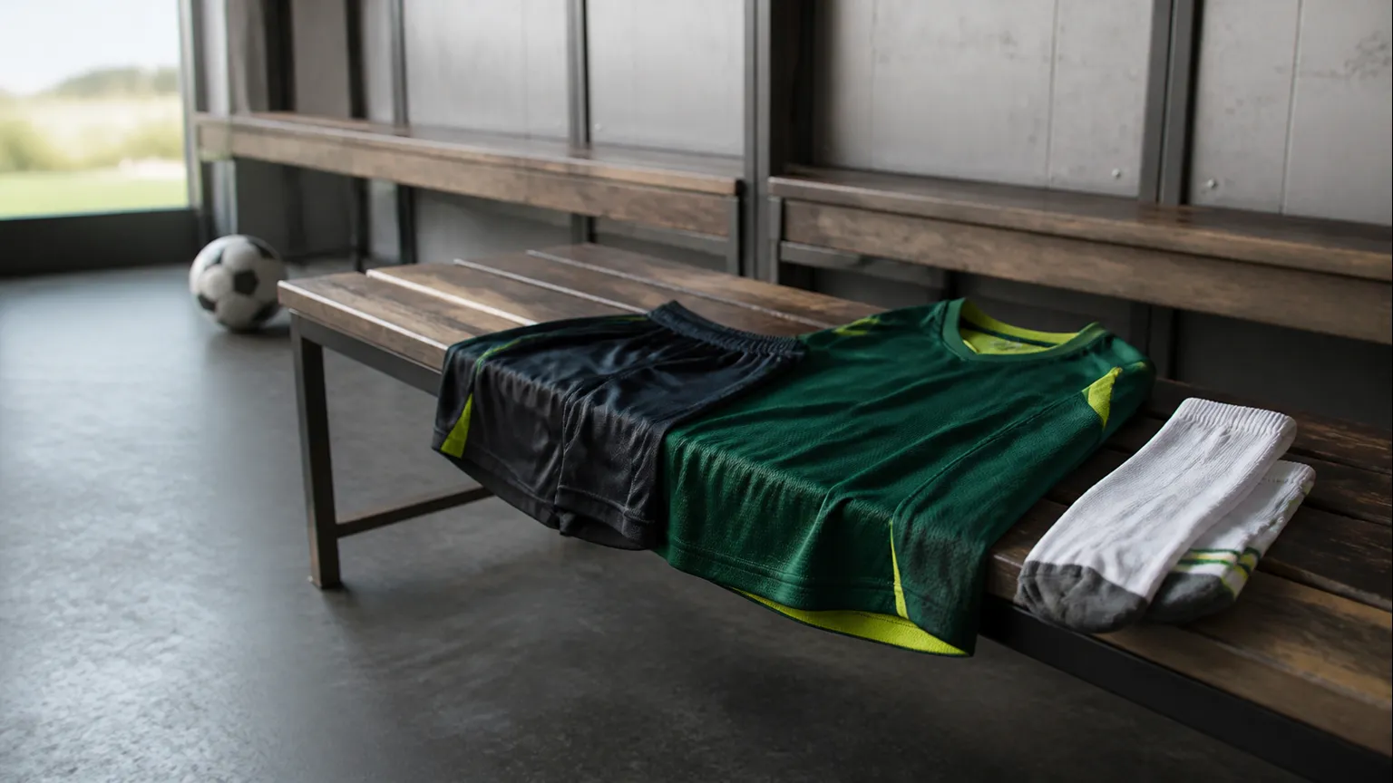 Imagem editorial sobre Roupa de treino de futebol: camisola, calções e meias