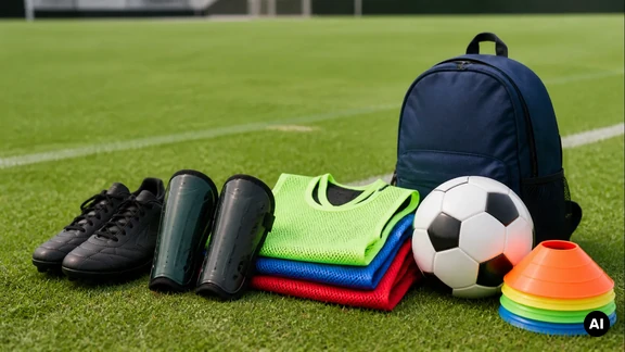 Equipamento preparado para uma sessão de escola de futebol.